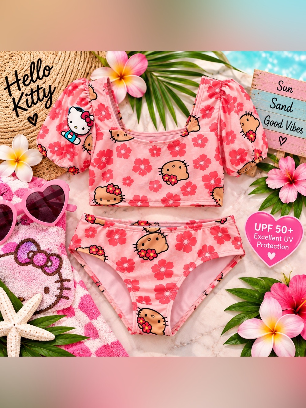 Sanrio Pink Floral Hello Kitty-Inspired Girls' Two-Piece Swim Set